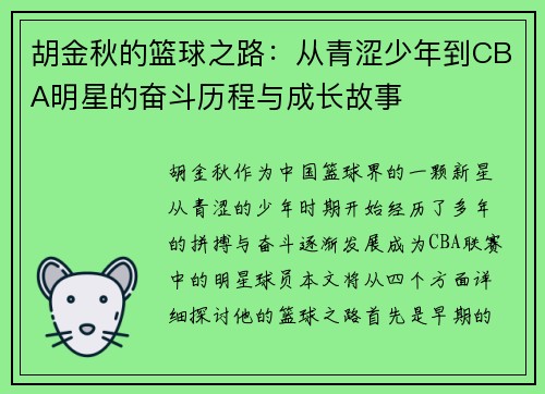 胡金秋的篮球之路：从青涩少年到CBA明星的奋斗历程与成长故事