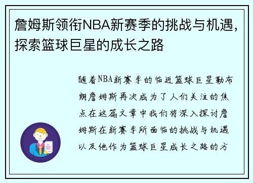詹姆斯领衔NBA新赛季的挑战与机遇，探索篮球巨星的成长之路
